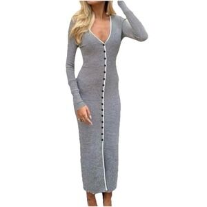 Zara Striped Ribbed Knit Button Down Maxi Dress Long Sleeve V-Neck Small NWT